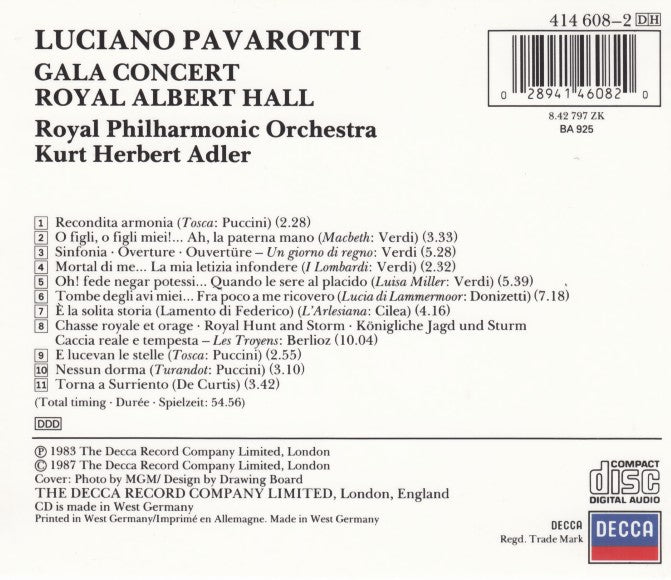 Luciano Pavarotti Gala Concert Kurt Herbert Adler Second Cdde 0231